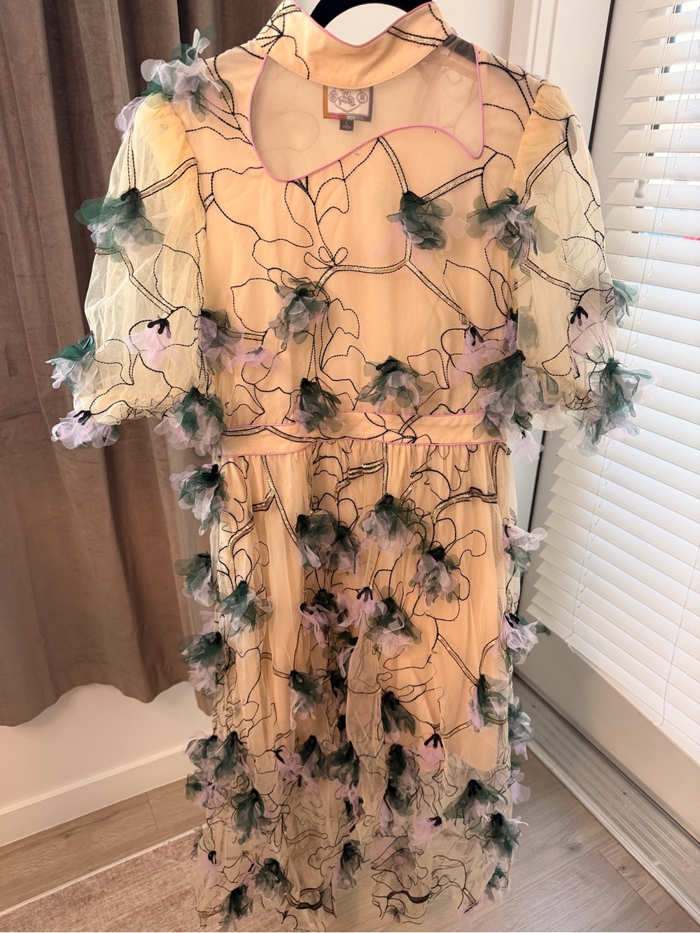 MUKZIN Floral Appliqué Sheer Mesh Dress Size L